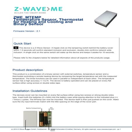 Temperature sensor with binary sensor input start guide