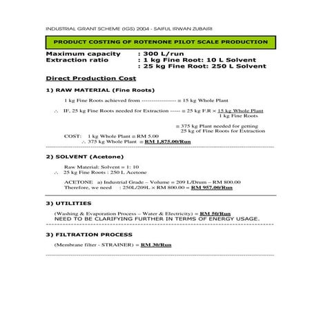Bio-Pesticide Product Costing Template (Pilot Plant Scale Production April 2006)