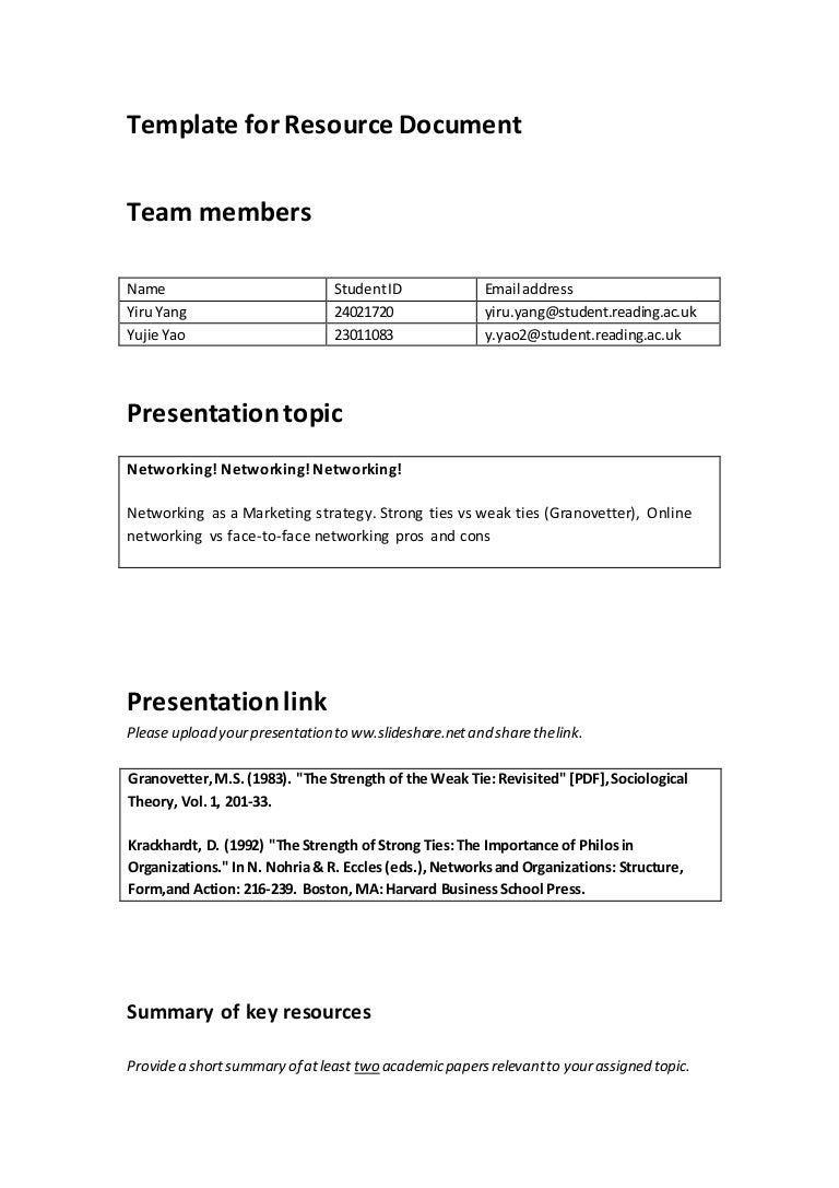 Template for resource document