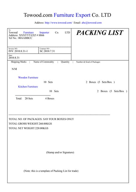 template of packing list for trade export import