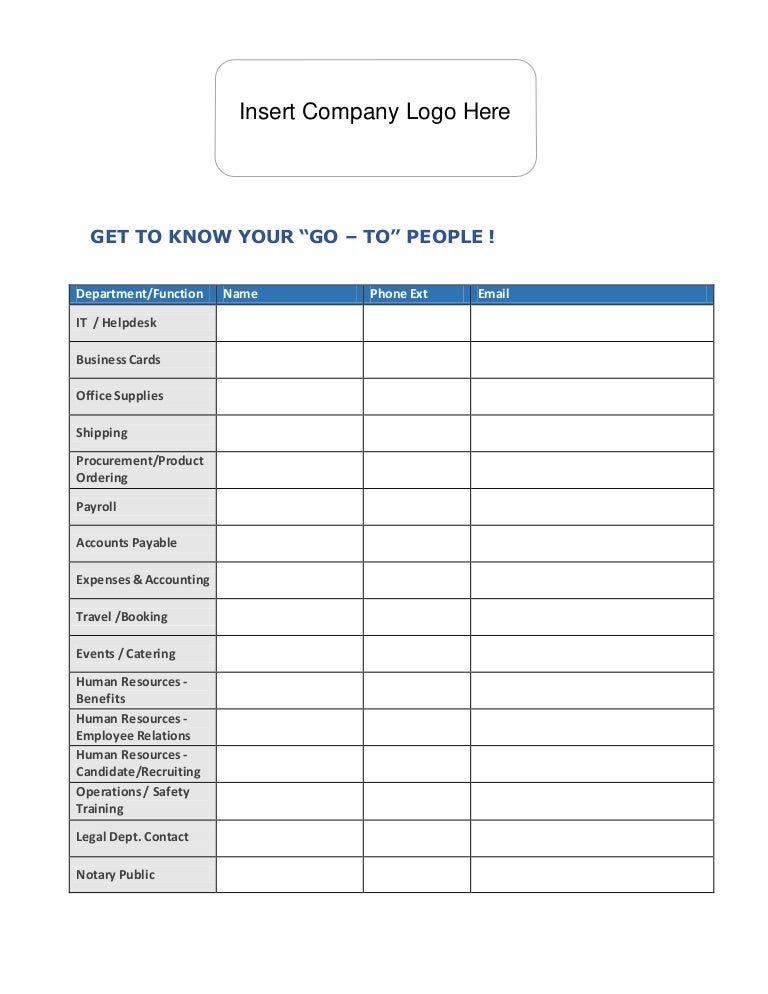 Executive Assistant "Important Contacts" Onboarding Template