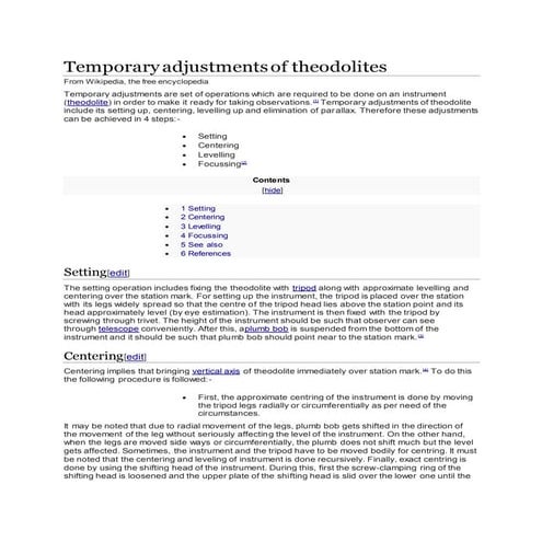 by sham Temporary adjustments of theodolites and uses of theodolite