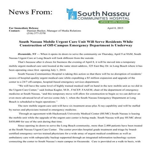 Mobile Urgent Care Unit Will Serve Residents While Construction of Off-Campus...