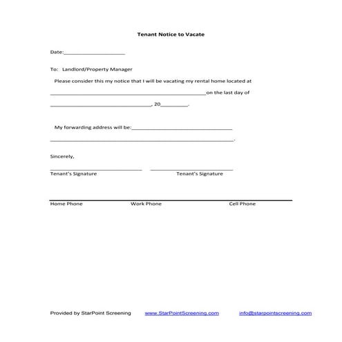 Tenant notice to vacate