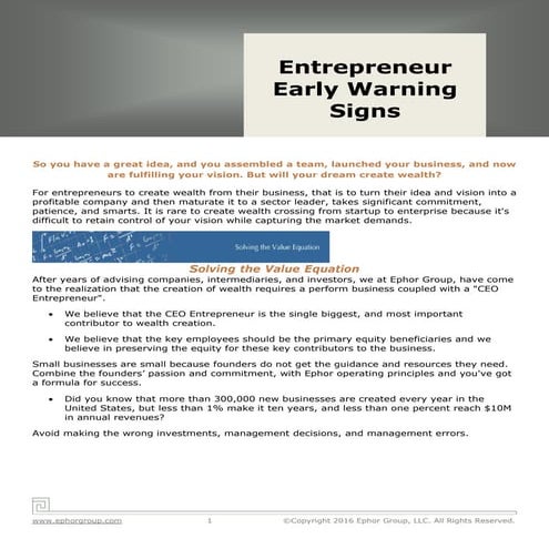 Ten Entrepreneur Early Warning Signs for Barriers to Wealth Creation