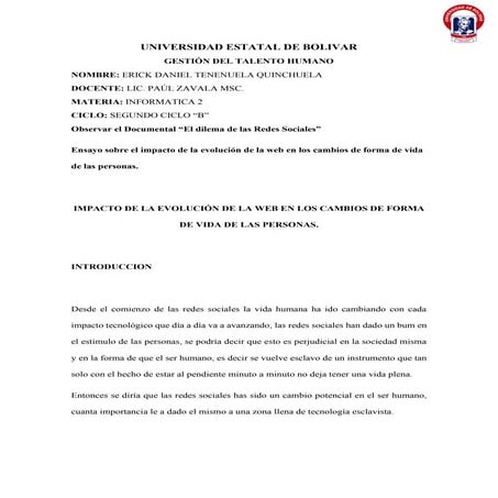 Tenenuela erick ensayo sobre el impacto de la evolución de la web en los camb...