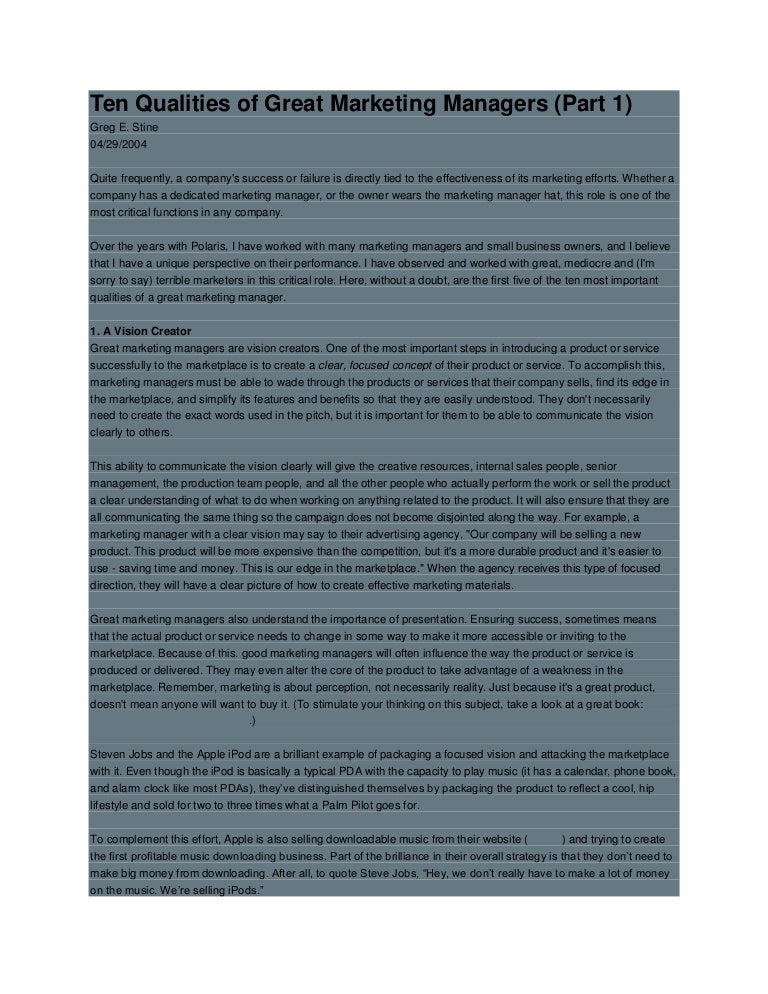 Ten qualities of great marketing managers