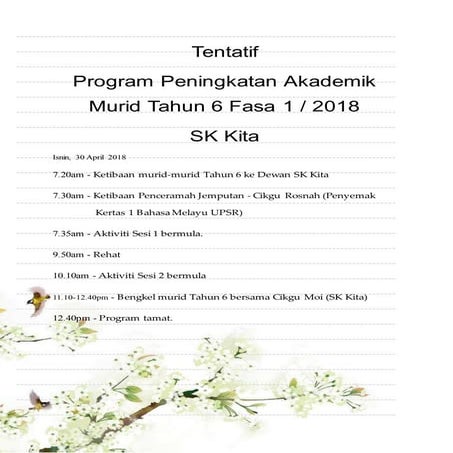 Tentatif Program Peningkatan Akademik Tahun 6 Fasa 1/2018 | DOCX