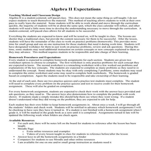 Algebra II Classroom and Homework Expectations