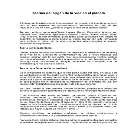 Teorías del origen de la vida en el planeta y teorias del origen del ...