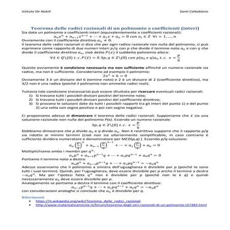 Teorema delle radici razionali di un polinomio a coefficienti interi