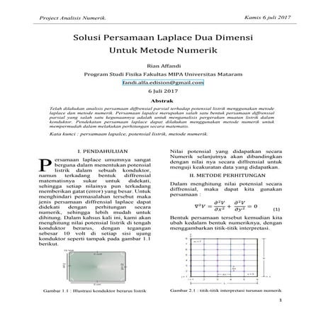 Solusi Persamaan Laplace Dua Dimensi Untuk Metode Numerik