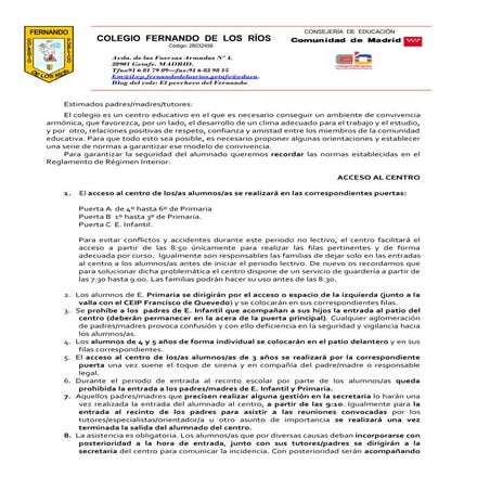 CIRCULAR ENTRADAS Y SALIDAS DEL CEIP FERNANDO DE LOS RÍOS DE GETAFE