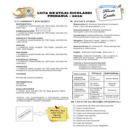 lista de utiles 2024 segundo grado JEM | PDF