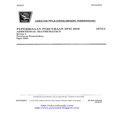 Terengganu trial 2010 add maths answer scheme