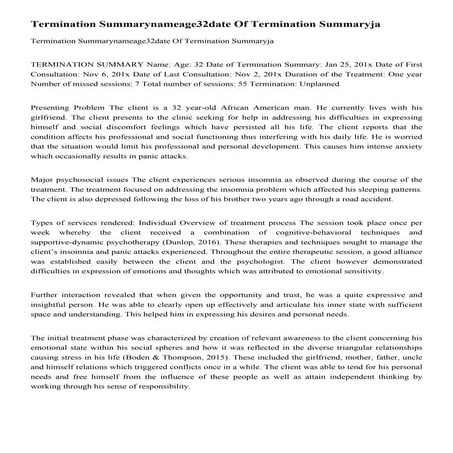 Comprehensive Termination Summary of Psychotherapy for Anxiety ...
