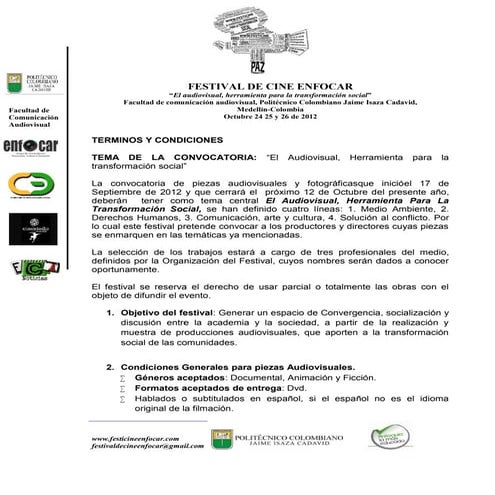 Terminos de convocatoria festival de cine enfocar