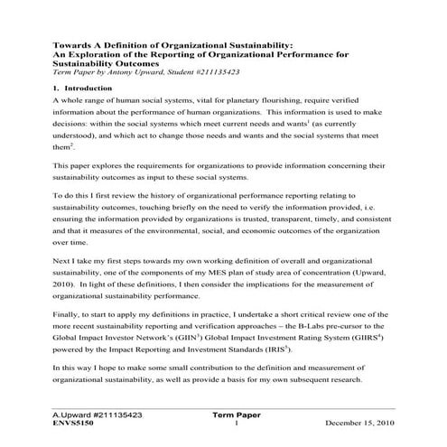 Term Paper: Towards a Definition of Organizational Sustainability