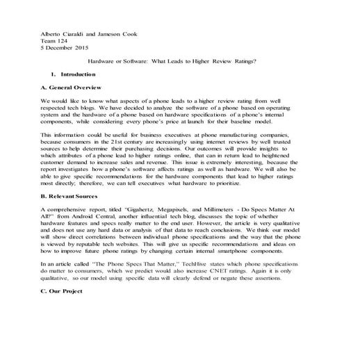 Managerial Statistics II - Hardware or Software: What Leads to Higher Review Ratings?