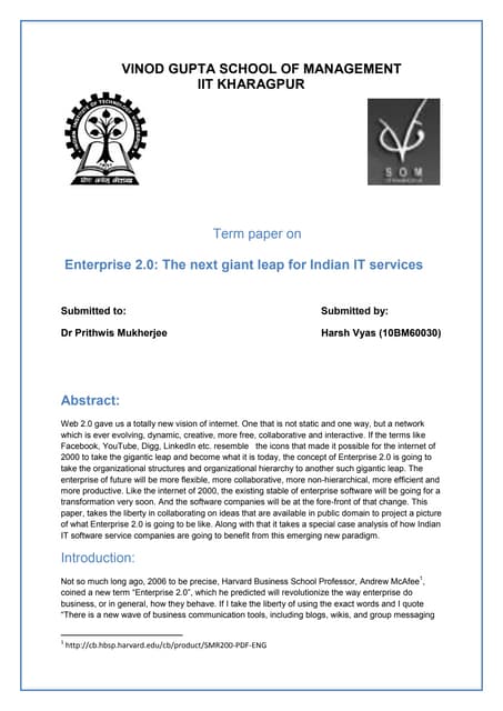 Term Paper On Enterprise 2 0 The Next Leap For Indian It Services Industry