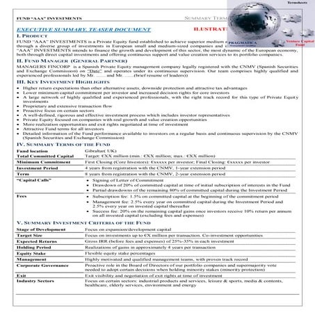 Venture capital fund terms and conditions. Termsheets sample . A fund for SME...