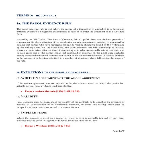 Terms of the contract   notes