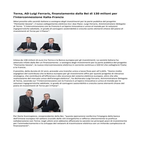 Terna ferraris, intesa con la bei per l'interconnessione italia francia