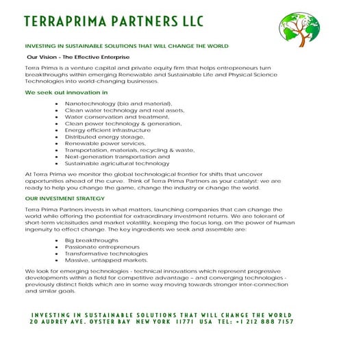 Terra Prima Partners LLC - Vision Statement