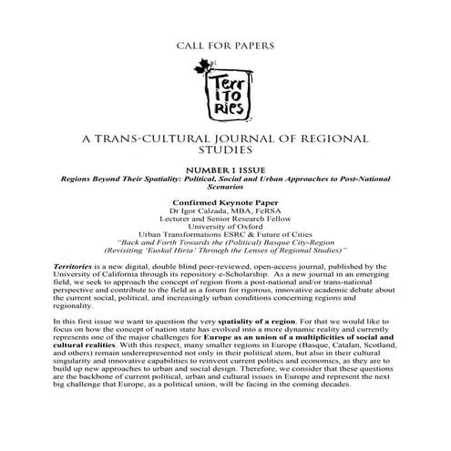CfP Territories: A Trans-Cultural Journal of Regional Studies. Keynote paper.