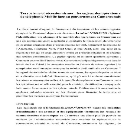 Terrorisme et sécessionnismes  les enjeux des opérateurs de téléphonie Mobile face au gouvernement Camerounais