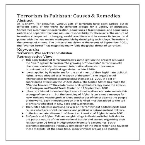 Terrorism in pakistan causes &amp; remedies