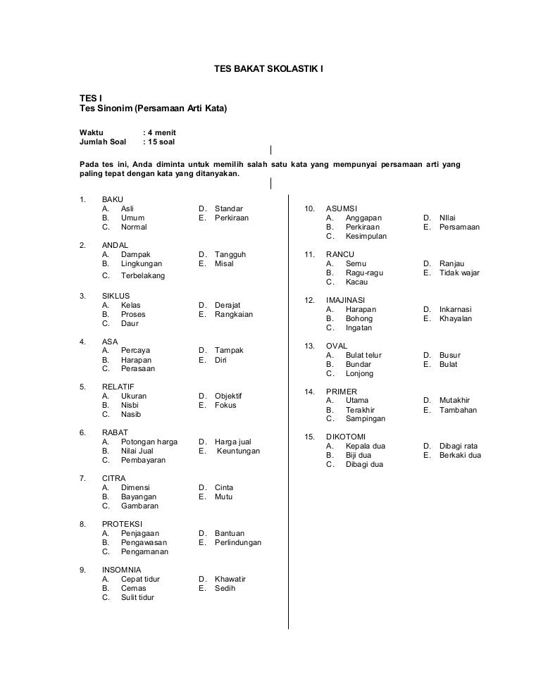 Contoh Soal Tes Bakat Skolastik Masuk Sma Dan Pembahasannya
