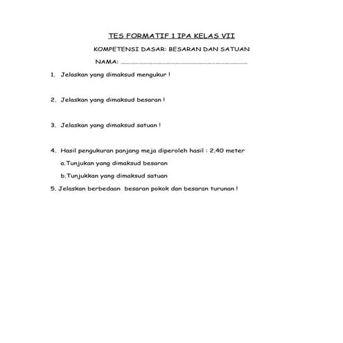 Tes formatif 1 kelas vii ipa smp | DOC