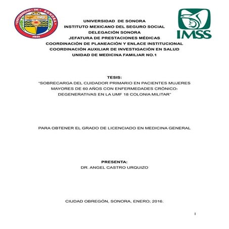 SOBRECARGA DEL CUIDADOR PRIMARIO EN PACIENTES MUJERES MAYORES DE 60 AÑOS CON ENFERMEDADES CRÓNICO-DEGENERATIVAS EN LA UMF 18 COLONIA MILITAR