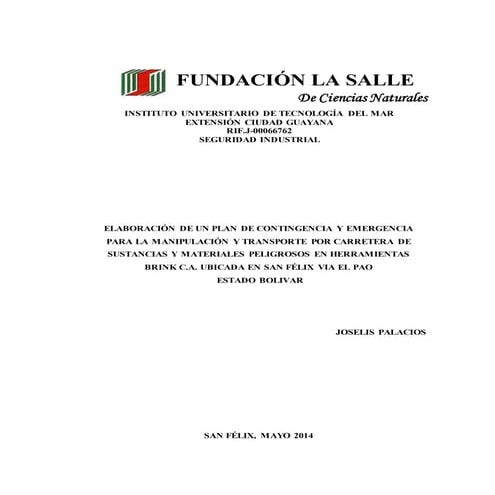 PLAN DE CONTIGENCIA Y EMERGENCIA PARA EL TRANSPORTE Y ALMACENAMIENTO DE SUSTA...