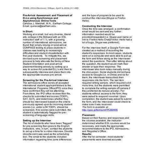 Tesol 2016 Electronic Village: Pre-Arrival Assessment and Placement of ELLs P...