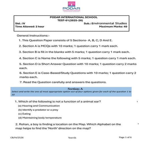 Comprehensive Environmental Studies Test for Grade 4 Students | PDF