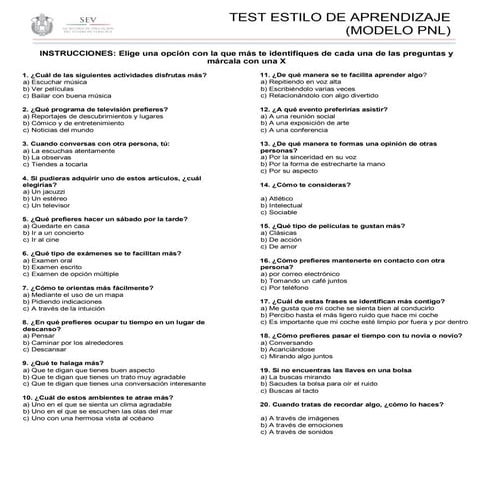 TEST ESTILOS DE APRENDIZAJE Visual-auditivo-kinestésico | PDF