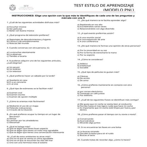 TEST ESTILOS DE APRENDIZAJE Visual-auditivo-kinestésico | PDF