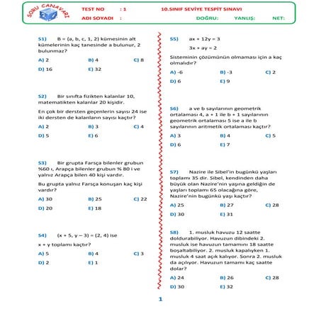 Test 1 - 10. Sınıf Seviye Tespit Sınavı