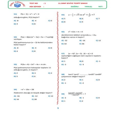 Test 1 - 11. Sınıf Seviye Tespit Sınavı