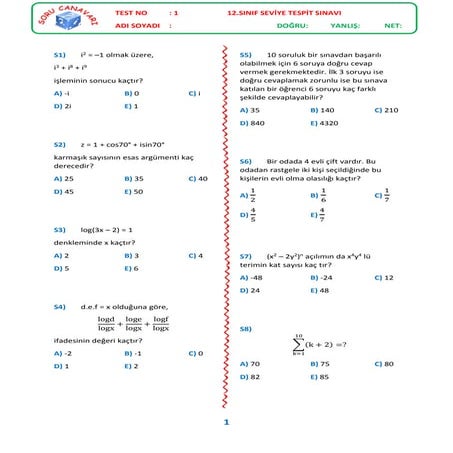 Test 1 - 12. Sınıf Seviye Tespit Sınavı