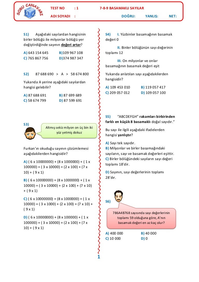 Test 1 7 8 9 Basamakli Sayilar