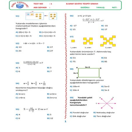 8. Sınıf Seviye Tespit Sınavı 1