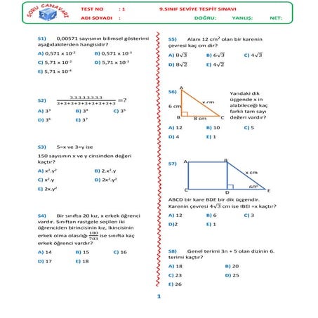Test 1 - 9. Sınıf Seviye Tespit Sınavı