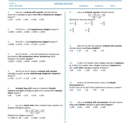Test 1 Ardışık Sayılar