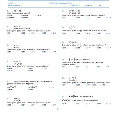 Test 1 - Çarpanlara Ayırma