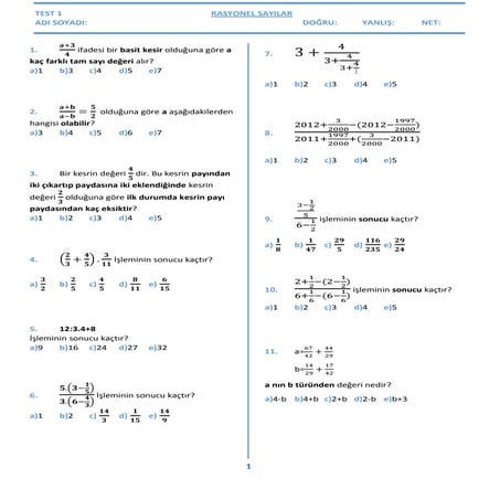 Test 1 - Rasyonel Sayılar