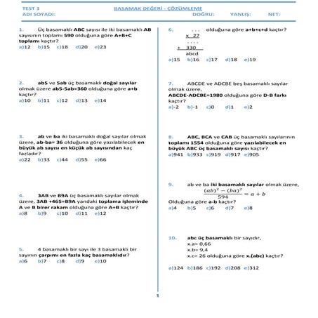 Test 3 - Basamak Degeri - Çözümleme