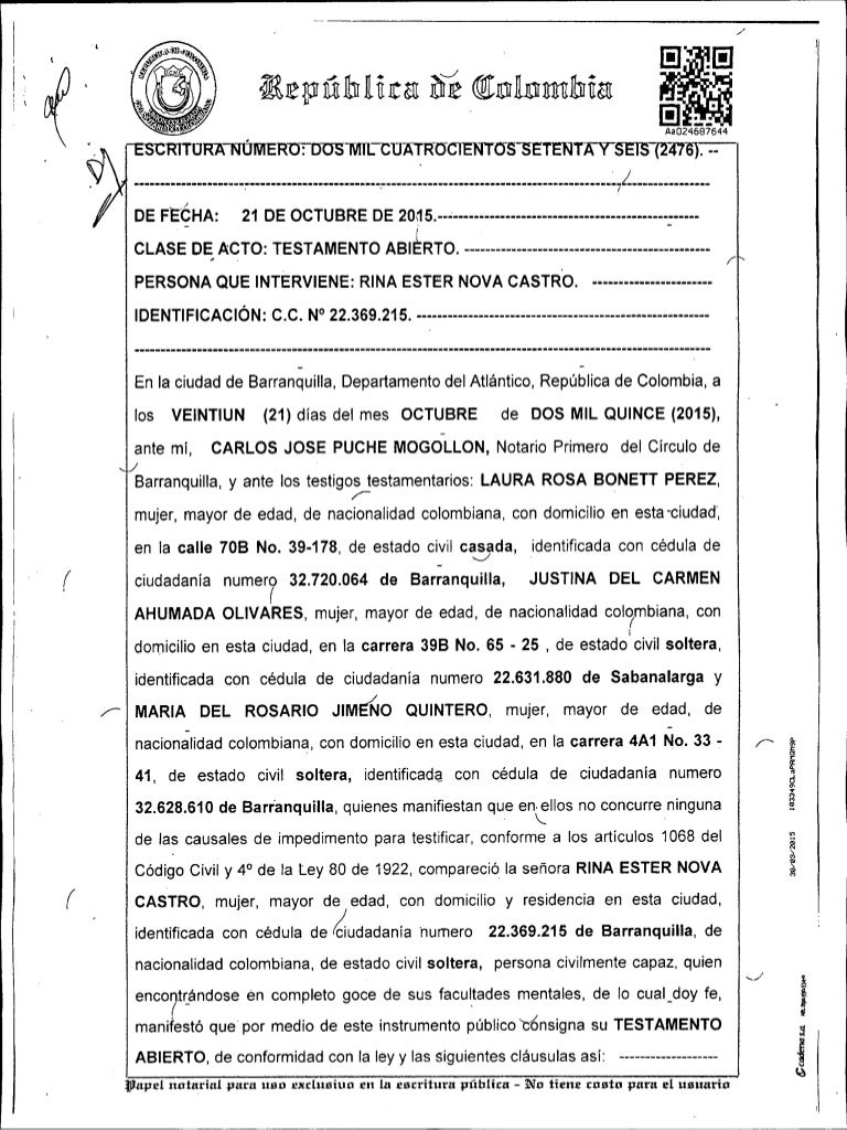 Modelo de testamento abierto por escritura publica